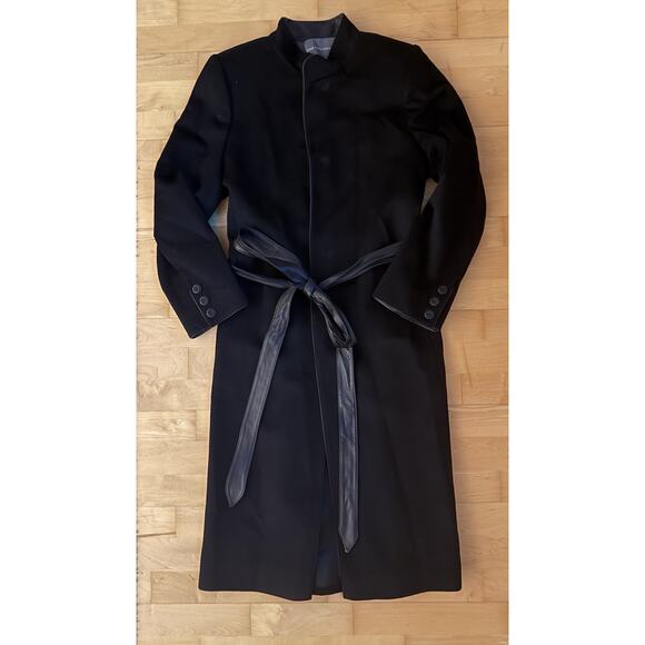 VTG Fleurette Cocoon Coat Magnet Collar Cashmere Wool Leather Long Coat Belt M - Picture 1 of 7